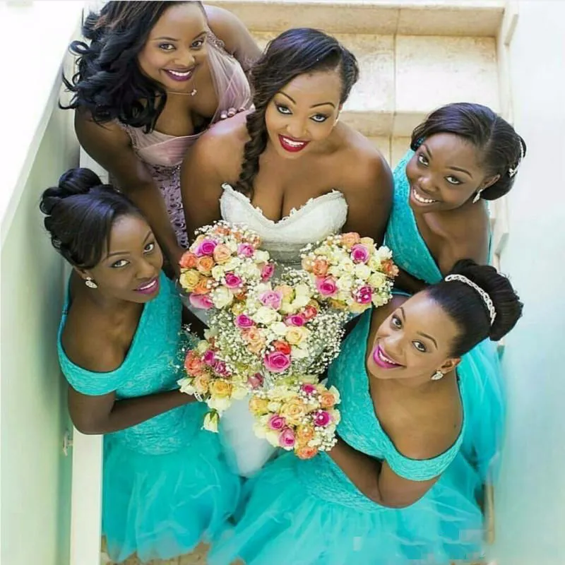 Nigerianische Brautjungfernkleider Plus Size Südafrika Stil Meerjungfrau Hauptrunde der Honorkleider Kleider für Hochzeit Schultertürkis TULLE Partykleid