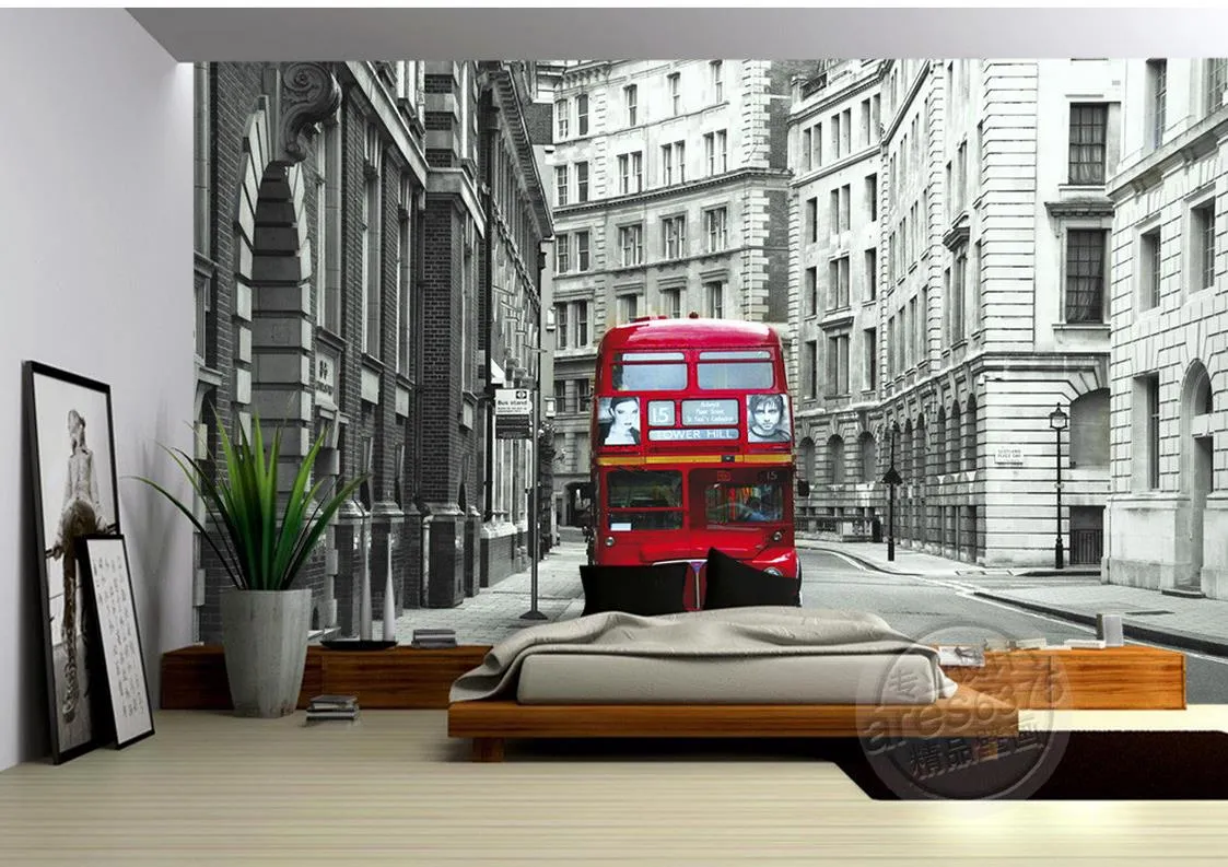 Europese stijl Retro British London Dubbeldutus Bus Muurschildering 3D Wallpaper 3D Muurdocumenten voor TV-achtergrond