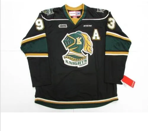 #93 Mitch Marner Jersey OHL London Knights CCM Premer 7185 Mitch Marner Erkek %100 Dikişli Nakış Buz Hokeyi Formaları Yeşil Siyah