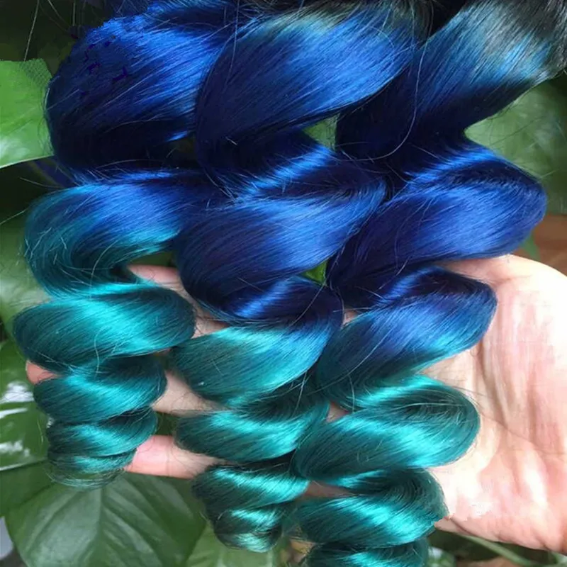 New Arrive Ombre Loose Wave Hair Extensions Three Tone 1B Blue Green Ombre Brazilian Wavy Human Hair Weave Bundles9931782