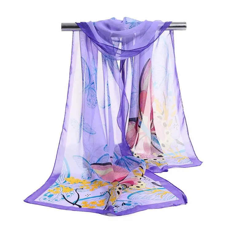 Factory Wholesale Woman Scarf Silk Brand Luxury Flower Butterfly Ladies Chiffon Scrawl Flower Printed Wrap Scarf Beach Cover 160*50cm