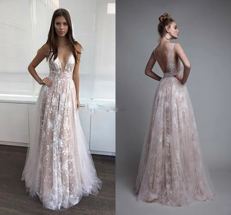 Najnowsza Koronkowa Backless Beach Berta Prom Dresses V Neck Tulle Ivory Nude Sexy Paolo Sebastian Suknie wieczorowe Suknie gwiazd