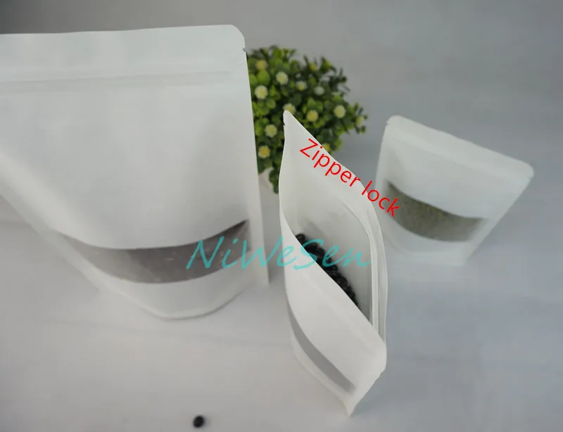 9x13+3cm stand up white kraft paper bag with matte clear window-pack melon seeds/coffee bean paper pouch zipper lock