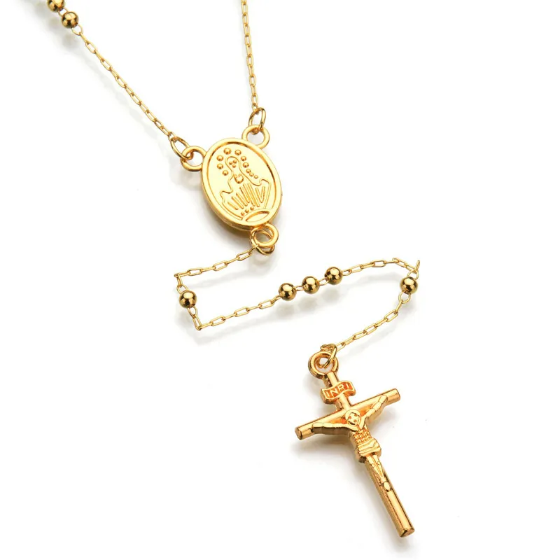 Top Quality Rosary Jesus Cross Pendant Necklace Fashion Gold Plated Christian Jewelry Beads Chain Long Charm Necklace Wholesale