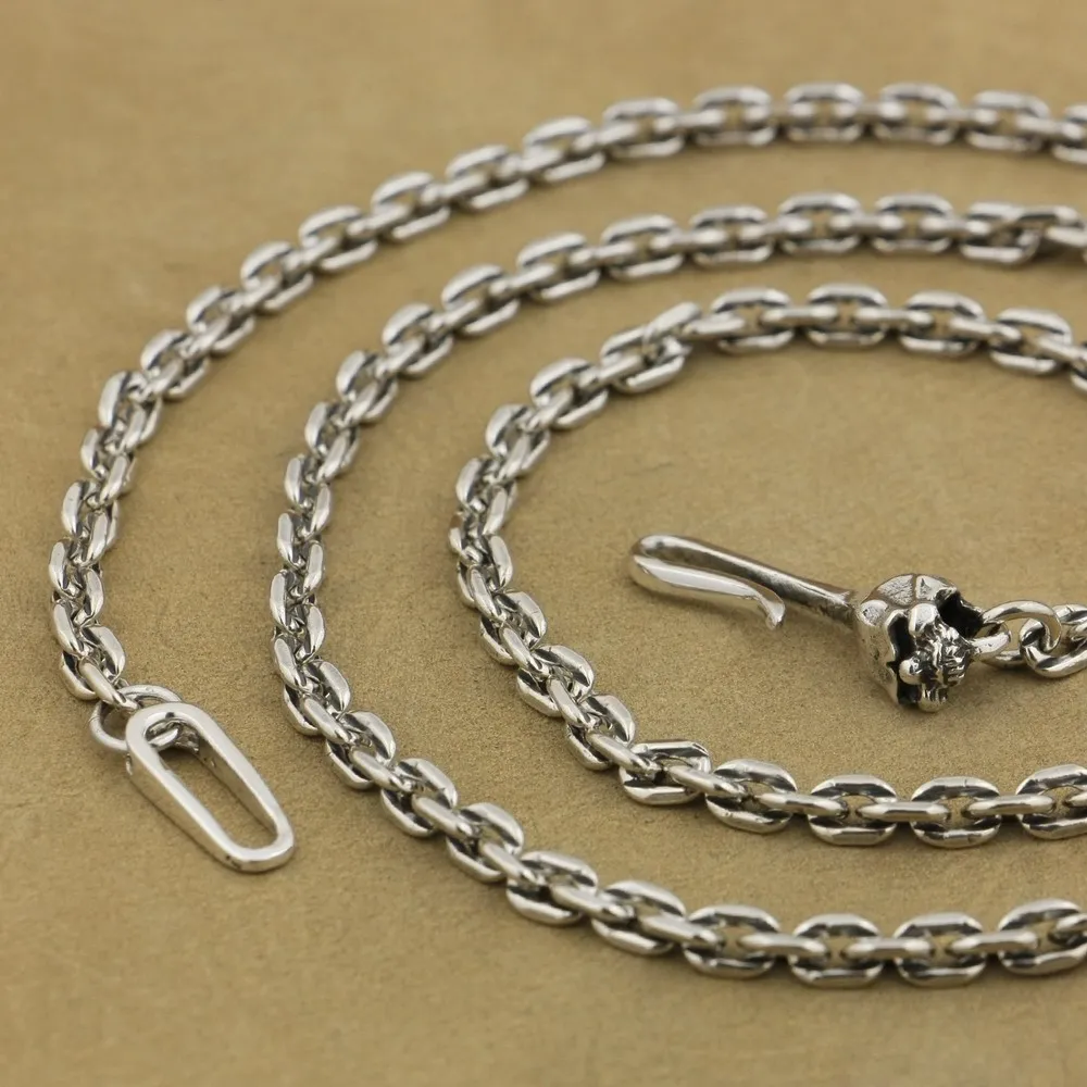 LINSION 4mm Square Link Chain 925 Sterling Silver Skull Hook Clasp Charms Necklace TA353039526