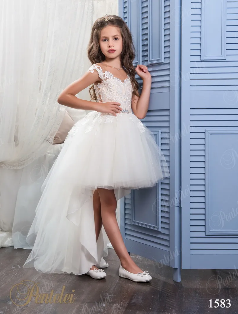2019 High Low Princess Girls Abiti da sposa Scoop Appliques Perline Puffy Tulle Bambini Little Lovely Girls Pageant Dress