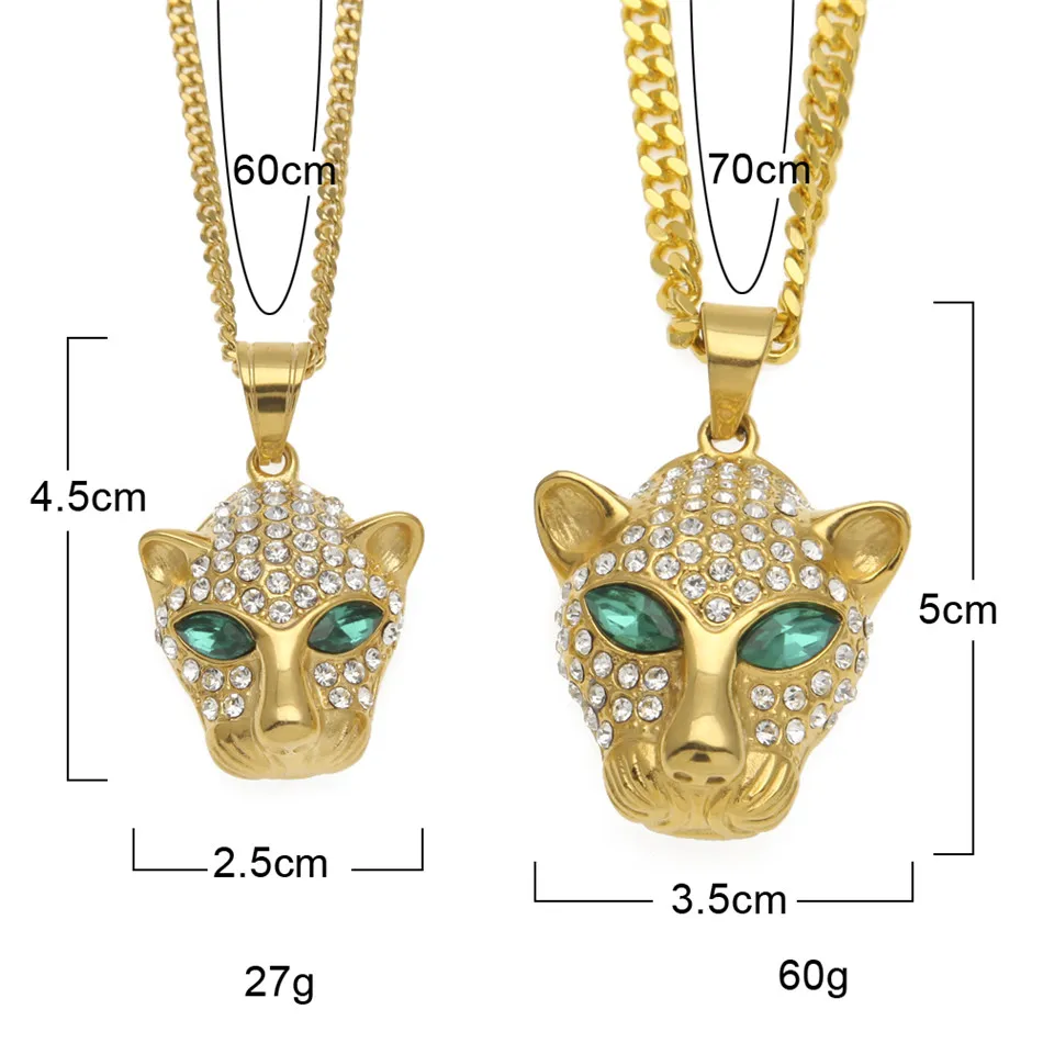 Mens Stainless Steel Gold Leopard head pendant Iced Out Bling Rhinestone Crystal Animal Pendant Fashion Hip Hop Jewelry2136
