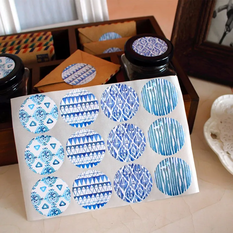 Blue Series Round Sticker Cookie Bag Decorative Sealing Paster Dessert Box Stickers Gift Packing