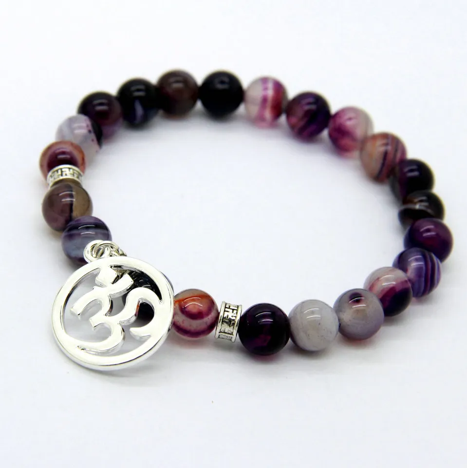 New Arrival 8mm Natural Purple Agate Stone Beads Hamsa Eye Yoga Braclets Best Gift For Men And Women