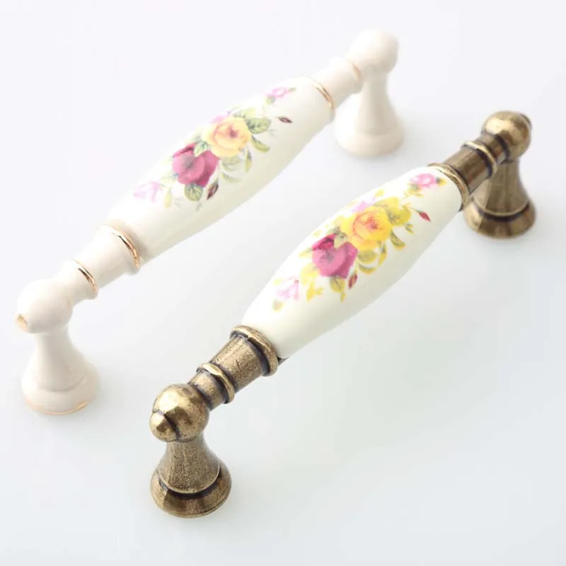 96mm fashion vintage rural painting ceramic furniture handles ivory white drawer cabinet knobs s bronze dresser door handles8776754