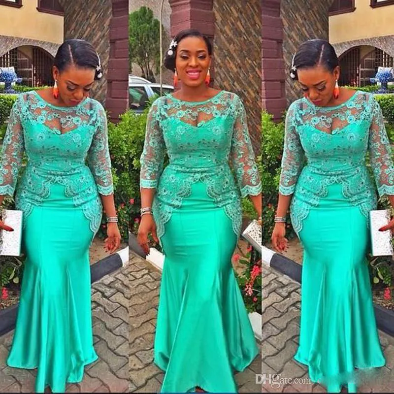 Afrikaanse zeemeermin turquoise prom jurk 2017 kant Nigeria lange mouw moeder prom dresses aso eBI stijl avond plus size party jassen