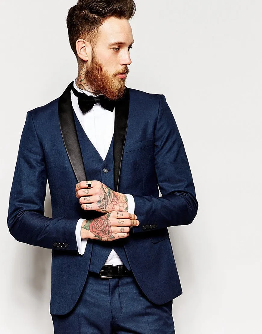 Nyanlända One Button Navy Blue Groom Tuxedos Shawl Lapel Groomsmen Bästa Man Passar Mens Bröllopsdräkter (Jacka + Byxor + Vest + Tie) H: 503