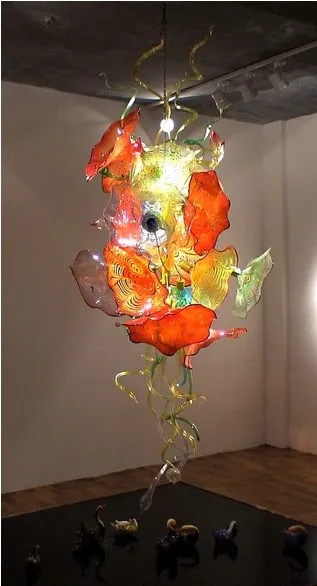 Design Style Multicolor Flower Plate Chandelier Lamps Blown Glass Chandelier Lightings LED Bulbs Pendant Lamps Lobby Decor