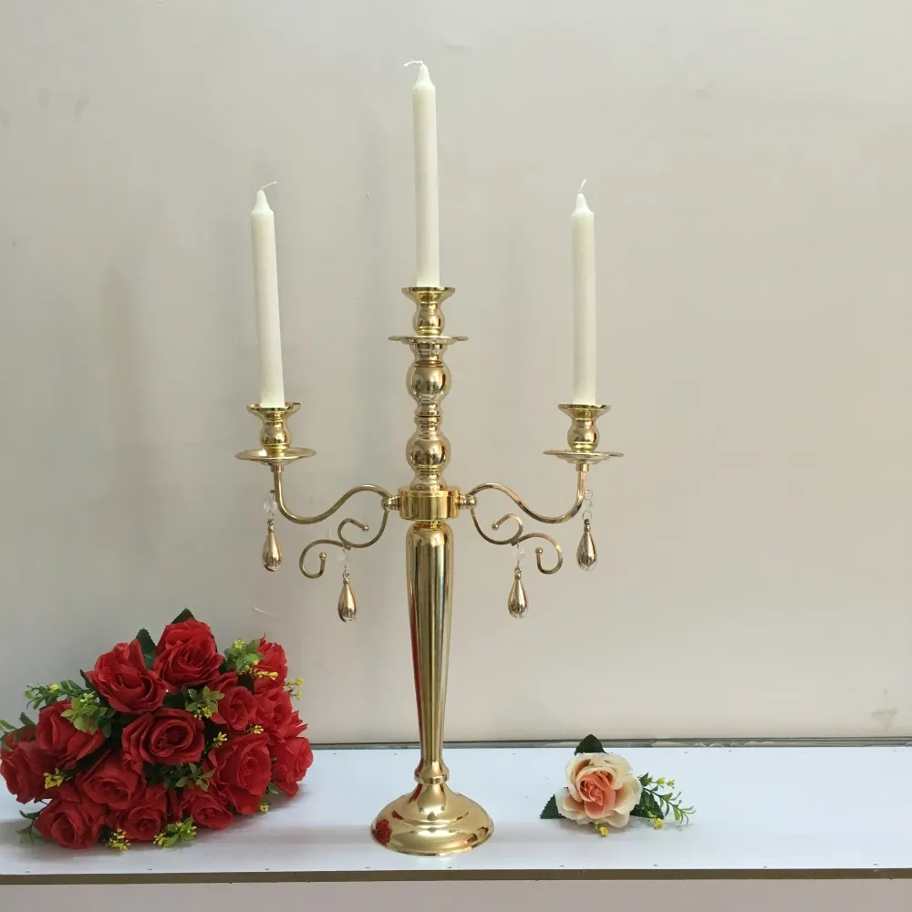 Bougeoir candélabre doré à 3 têtes avec pendentif table mariage pièce maîtresse fête et événement chandeliers décoration de la maison