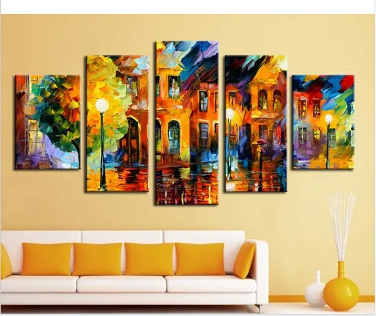 Hand Painted Modern Building Scenery Picture Art on Wall Abstract Canvas Oil Painting for House Wall Decoration No Frame