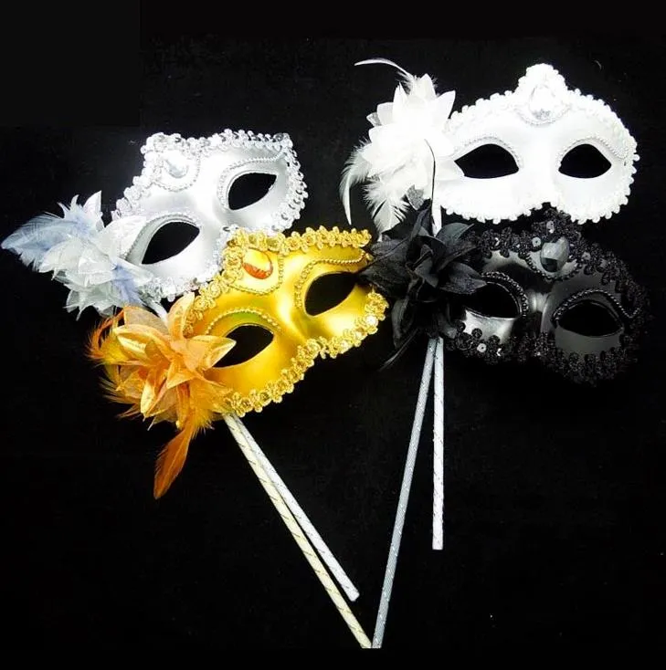 Venetiaanse Maskerade Dans Bal Masker Bruiloft Feestkostuum oogmasker Op Stok Maskers Lelie Bloem Kant Veer Vastgehouden Stok Masker