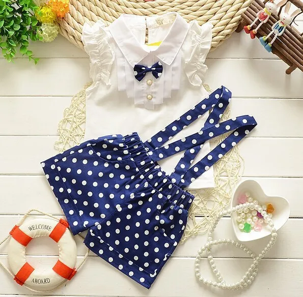 free shipping summer fashion bow t shirt+dot overalls two pieces baby toddler girl clothing clothes bodysuits new born cotton set