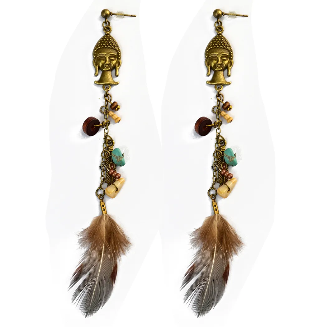 idealway Bohemian Vintage Bronze Feather Leaves Flower Buddha Statue Exaggerated Turquoise Dangle Drop Earrings For Women Jeweley