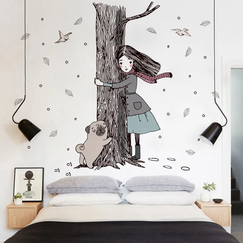 Tenez les autocollants muraux pour chiens de chien arbre pour enfants chambre filles de chambre à coucher décor mural décalage art vinyles papier peint décor 13303584