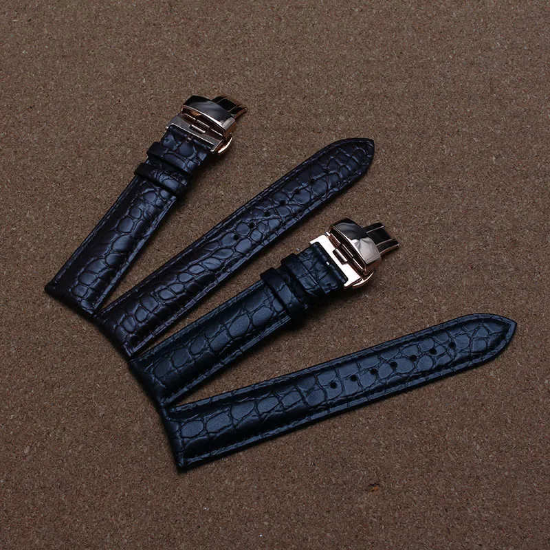 Bracelets de montre en cuir de vachette avec motif spécial grain de crocodile bracelet de montre boucle en or rose déploiement papillon noir marron nouveau 297s