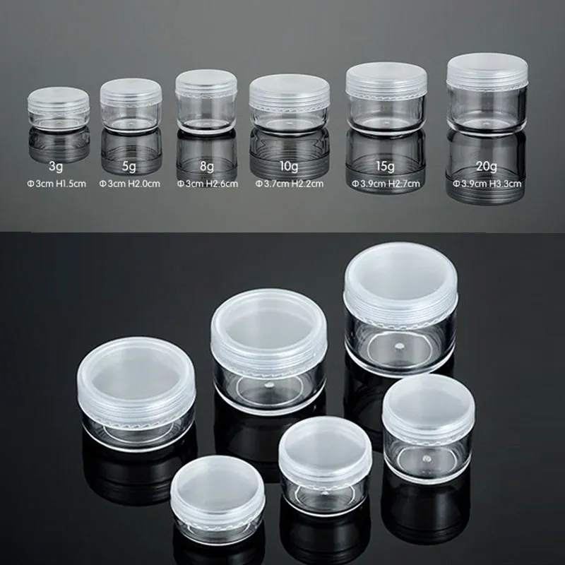 3G 5G 8G 10G 15g 20g Clear Plastic Cosmetic Container Słoiki z pokrywkami PE Kosmetyk Krem Makeup Eye Cień Paznokcie Proszek Biżuteria Butelka