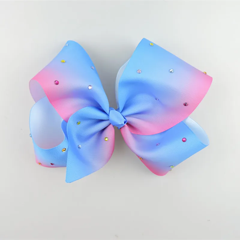 Jeweled Pastel ombre ribbon 18cm big Signature hair bows clips Rainbow crystal Dance Cheerleader Pageant hair Accessories HD3474