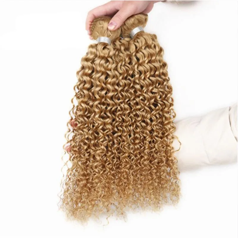 #27 Honey Blonde Deep Curly Human Hair Weaving Brown Blonde Hair Extensions Blonde Kinky Curly Brazilian Virgin Hair Weave Bundles 