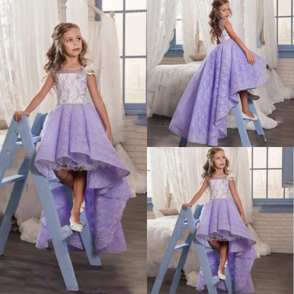 Special Design Flower Girls Dresses Jewel Sheer Neck With Applique High Low Pageant Dresses Back Zipper Tiered Ruffles Lavenda Party Gowns