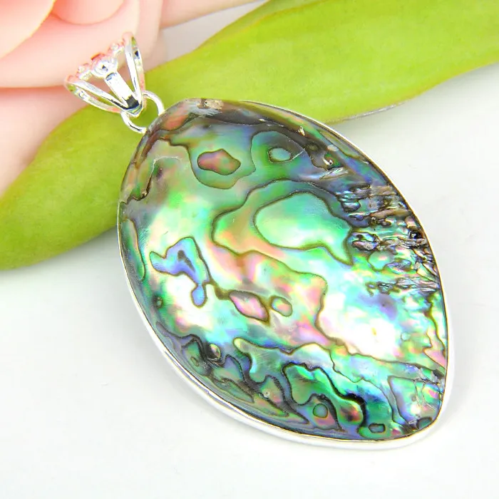 Atacado 3 pcs / lote Mais novo Natural Oval Abalone Shell Gemstone 925 Sterling Prata Colares Pingente Jóias Diárias