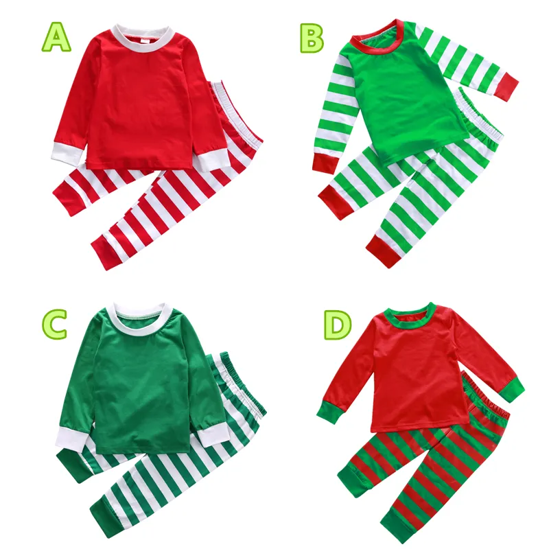 2018 Baby-Weihnachtspyjama, Kinder-Nachtwäsche, Oberteil + Hose, Baby-Junge, Mädchen, 2-teiliges Outfit, Baumwolle, einfarbig, gestreift, Weihnachts-Kinderkleidung