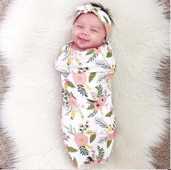 Spädbarn swaddle säck baby blommig ananas filt nyfödd baby mjuk bomull kokong sovplats med matchande knut huvudband 2st set 10 st