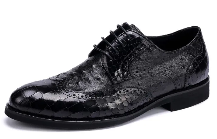 Top end Men leather dress shoes Shallow mouth Crocodile & Ostrich pattern Luxury cow leather manual drilling lace-up shoes