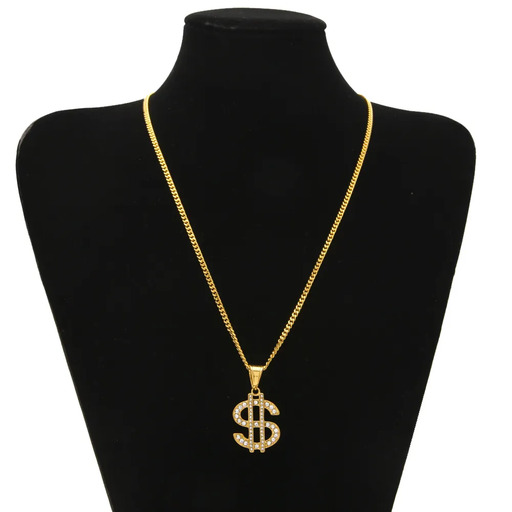 18k placcato oro Hip Hop Bling Bling segno del dollaro catena d'oro dollaro con gioielli collana ciondolo strass