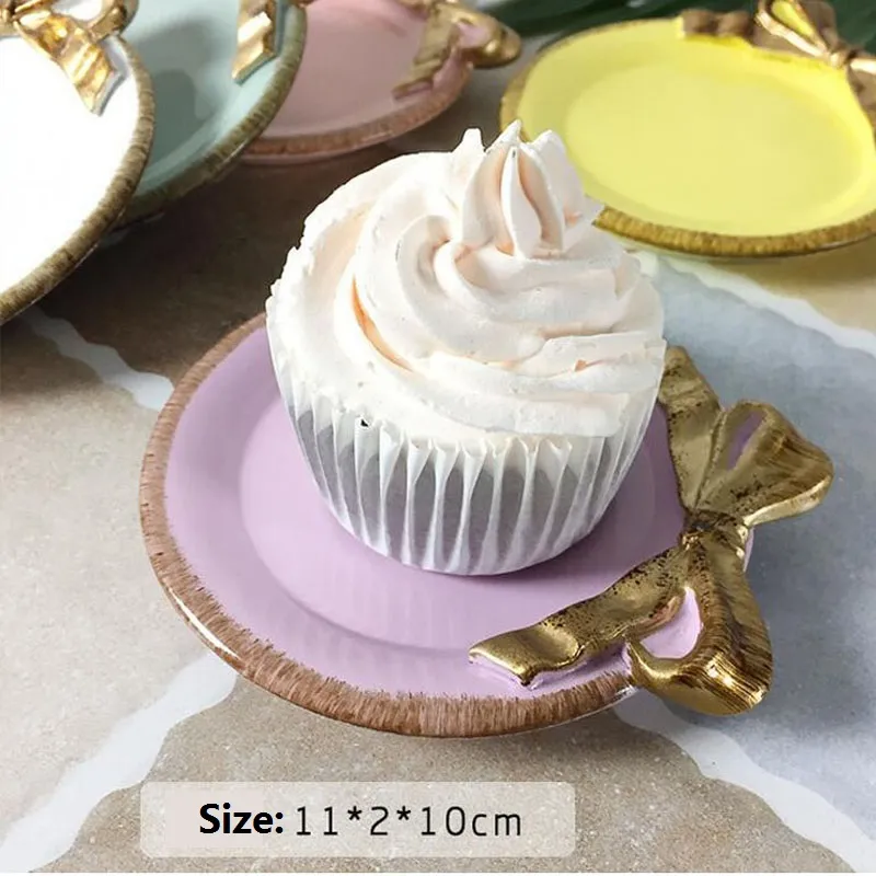 11*10CM Schöne Goldene Bowknot Harz Tablett Dekoration Teller Kuchen Platte Dessert Kaffee Tasse Halter Party Hochzeit ornament F202404