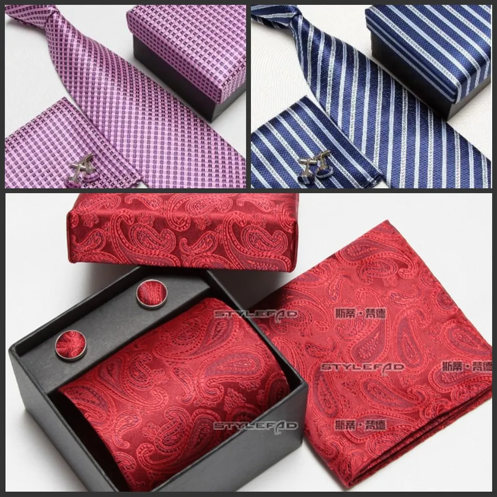 gravata do pescoço set gravata abotoaduras dos homens laços de poliéster ascot hankies listrado torre de Bolso quadrado