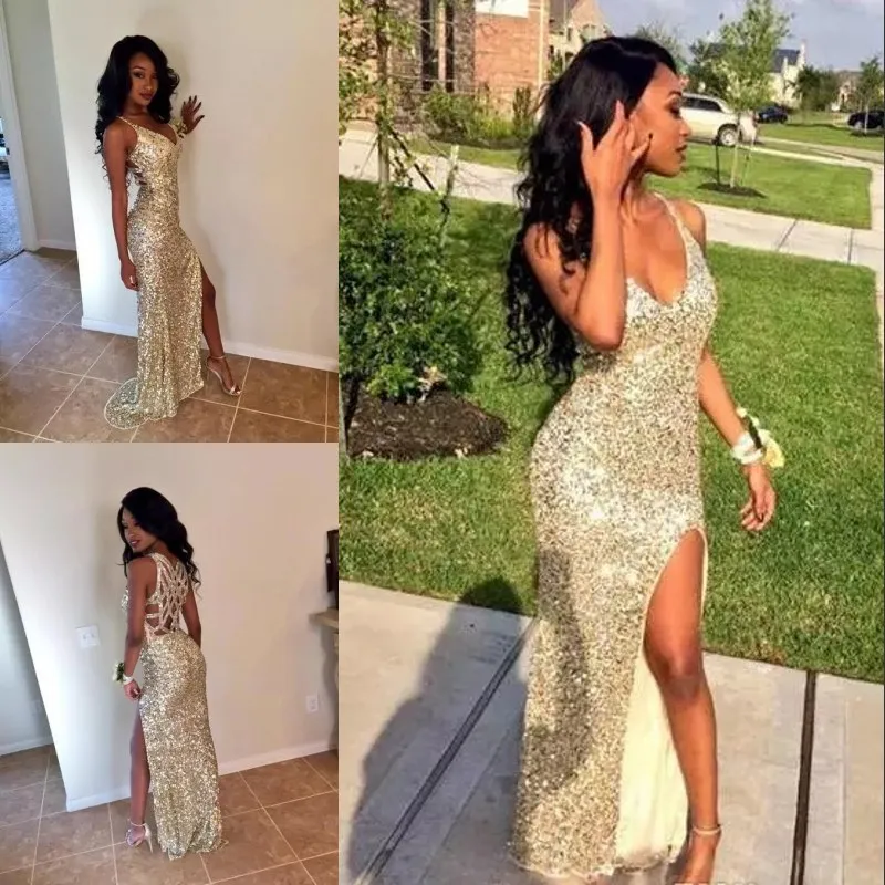 Sexy Gold Sequins Arabic Prom Party Dresses V Neck High Slit Mermaid Backless Plus Size Cheap African Evening Wear Gowns Real Picture
