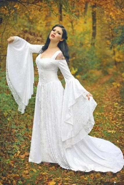 Fantasy Fairy Medieval Wedding Gown Lace Up Custom Made Off the Shoulder Long Sleeves Court Train Full Lace Bridal Gowns High Quality