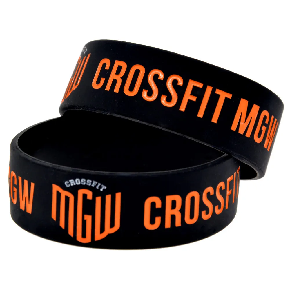 CrossFit MGW Pulsera de caucho de silicona 1 pulgada de ancho Logotipo lleno de tinta para regalo de promoción deportiva