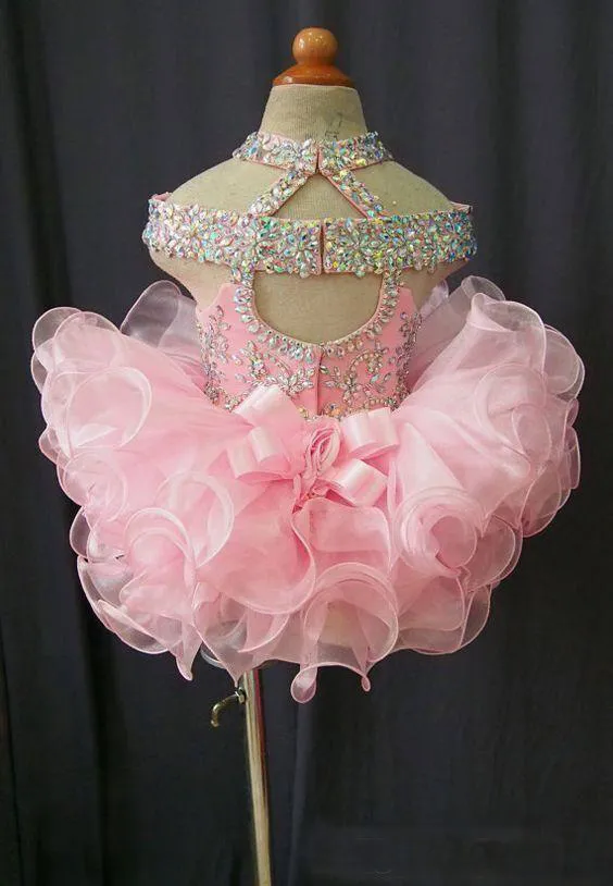 Maluch piękno różowy organza babeczka dziecięce sukni 2019 kryształ z koralików dziurka z kokardką Formalna baby urodzinowa sukienka