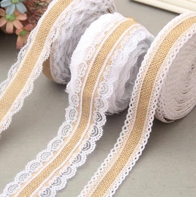 لحفلات الحفلات 2M جوت الطبيعية الخيش Hessian Lace Ribbon Roll و White Lace Vintage حفل زفاف الزواج الحرف الزخرفية G697