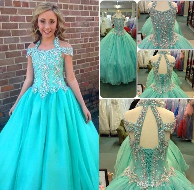 Brilhante Halter Pageant Vestidos Para Meninas Adolescentes Frisado Uma Linha Teal Flower Girl Vestidos Para Casamentos Junior Glitz Primeira Comunhão Vestido Crianças