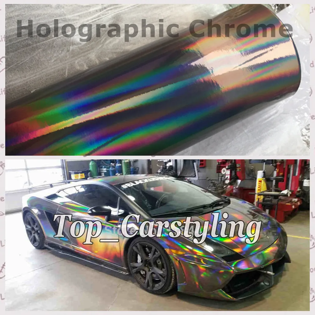 1.52x20m prata preto holográfico laser cromado iridescente filme de vinil envoltório de carro com ar livre/2 cores disponíveis folha de envoltório gráfico