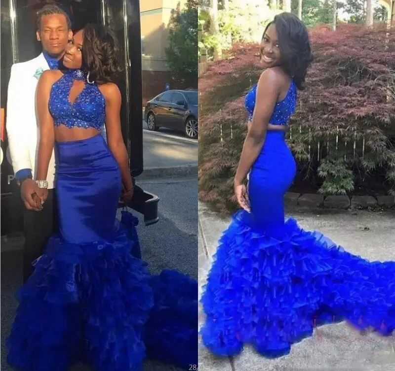 Royal Blue Two Pieces Jurken Party Avondslijtage Hoge Neck Beads Kant Layered Mermaid Prom Dress Long Rits Back Homecoming Jurk