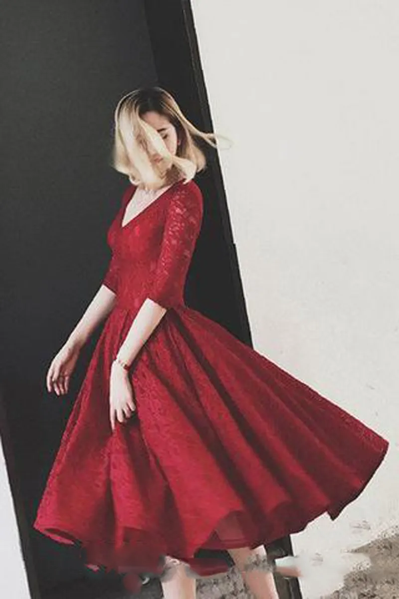 Robe de soirée courte en dentelle rouge foncé avec manches alinéa Longueur de thé vintage Robes de mariée 50s Robes de fête de bal de plage 20181733896