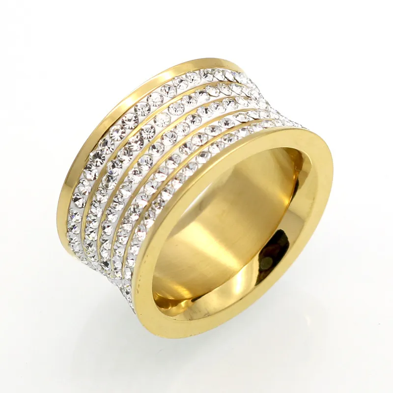 Titan-Edelstahl-5-reihige Strass-Ringe, 18 Karat Gold/Platin plattierter Damen-/Herren-Ehering-Luxusschmuck