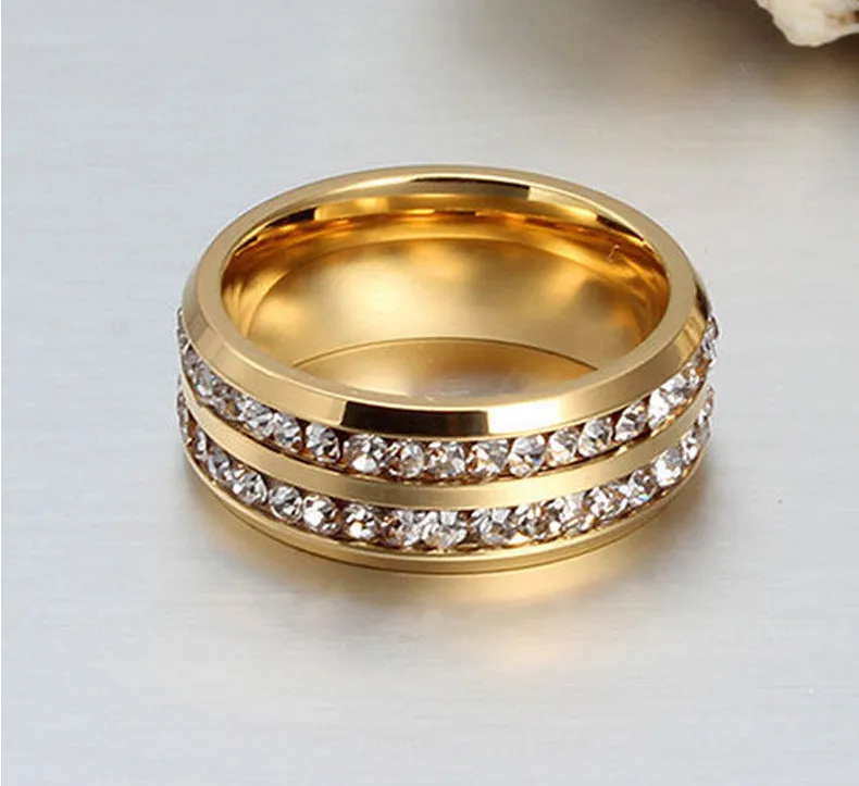 Fashion 18K Gold Silver Plated Stainless Steel Two Rows Austrian Crystal Rings for Men Women Lovers` Finger Rings Men Ring Wedding Jewelry