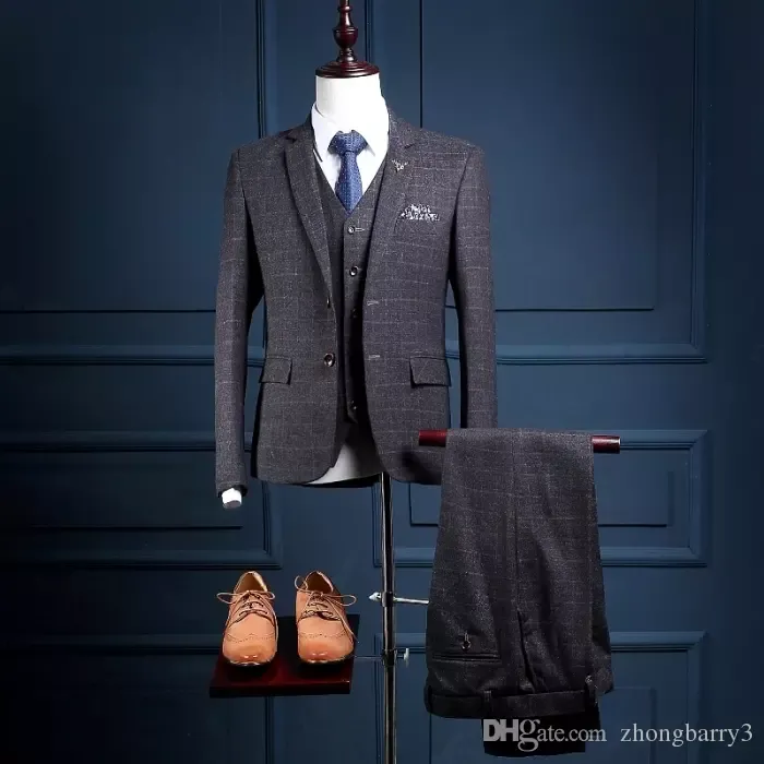 カスタムメイドの2ボタンスリムフィットフォーマルメンズスーツフォーマルイケジャースーツ（コート+パンツ+ベスト）格子縞のスーツ
