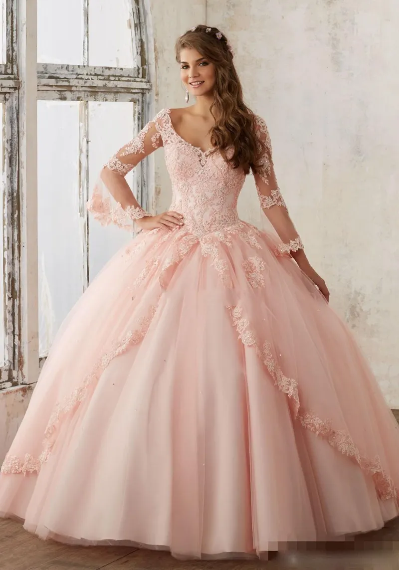 Bebê rosa azul quinceanera vestidos 2017 lace manga longa V-pescoço de vc vestidos de bola doce 16 princesa concurso vestido para meninas barato