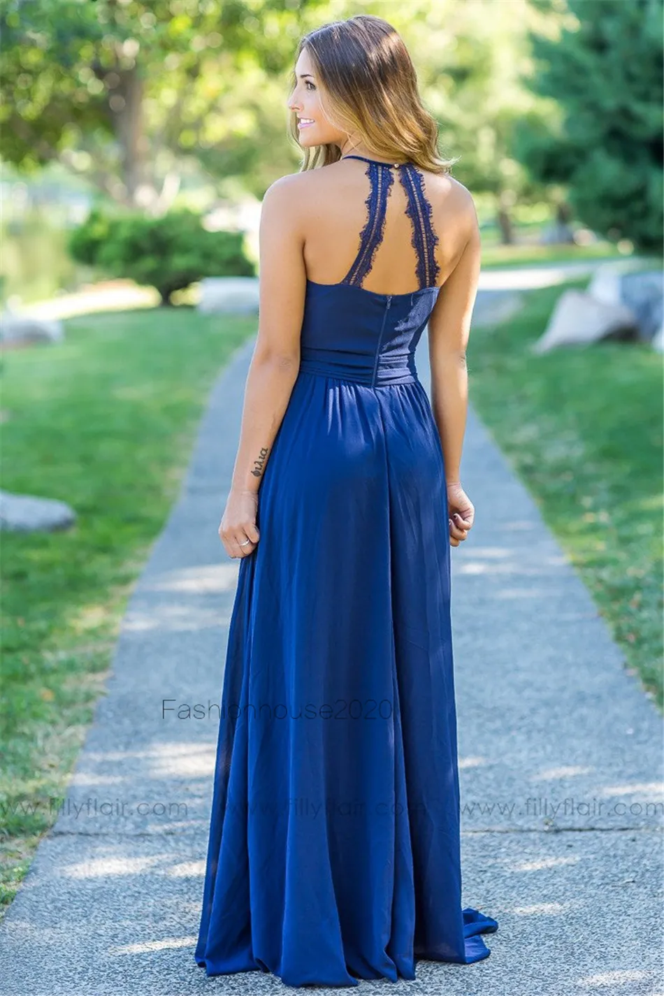 Royal Blue Chiffon Country Bridesmaid Dresses Long Lace Edge Halter