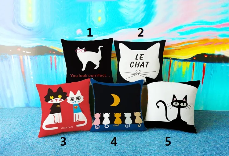 Cartoon cat decorative pillow creative home furnishing cushion with double sides printing linen cotton throw pillow case 17.7x17.7inch